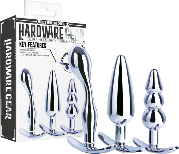 Hardware Gear 3 in 1 High Glossy Finish Metal Butt Plug Kit Set Chrome - - Butt Plugs