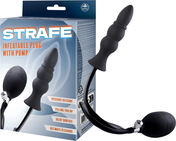 Strafe Inflatable Ribbed Silicone Anal Plug With Pumps Black - - Butt Plugs