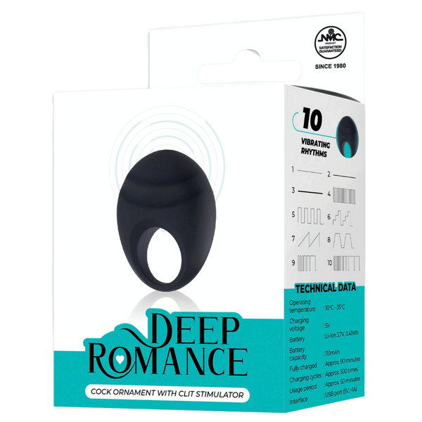 Deep Romance 10 Function Cock Ornament With Clit Stimulator Black - - Vibrating Cock Rings
