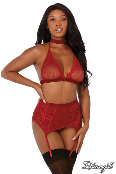 Dream Girl Lingerie Fishnet and Lace Bra Garter Belt and G String Set Seductive Ensemble - - Bras and Bra Sets