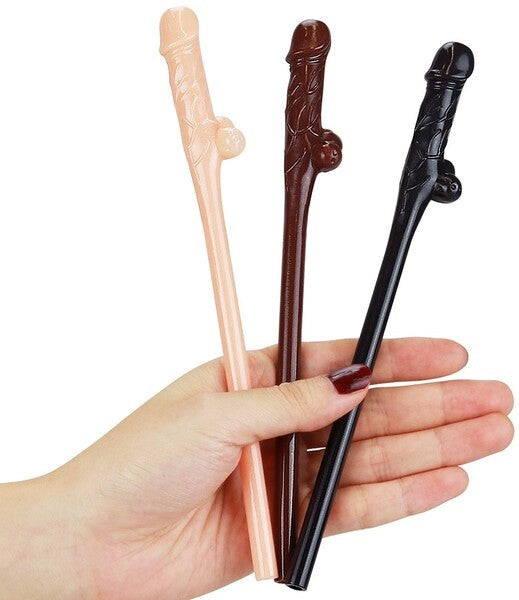 Lovetoy Willy Penis Shape Straws 9 Pack Flesh / Brown / Black - - Party Gifts and Novelties
