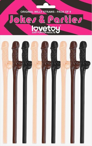Lovetoy Willy Penis Shape Straws 9 Pack Flesh / Brown / Black - - Party Gifts and Novelties