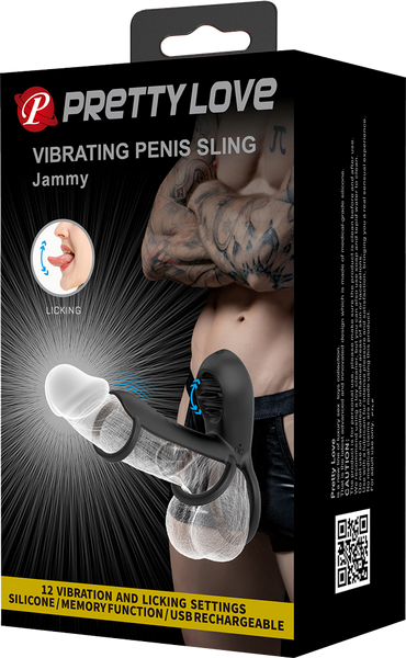 Pretty Love Jammy 12 Function Vibrating Penis Sling Black - - Vibrating Cock Rings