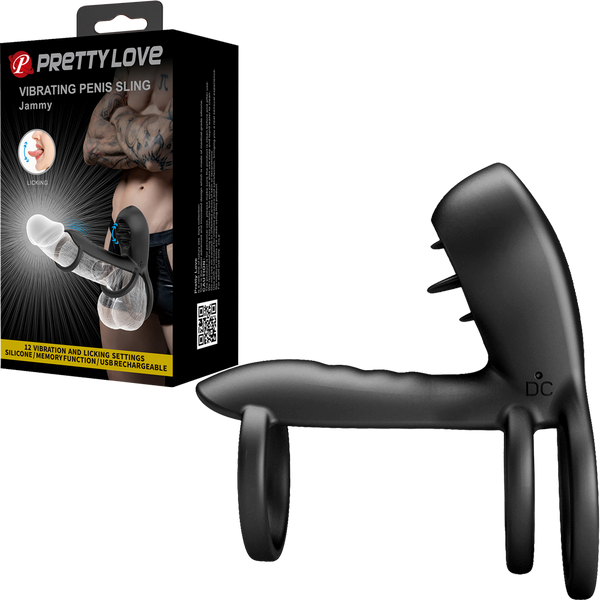Pretty Love Jammy 12 Function Vibrating Penis Sling Black - - Vibrating Cock Rings