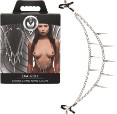Master Series Daggers Double Chain Fetish Play Nipple Clamps - - Nipple and Clit Clamps