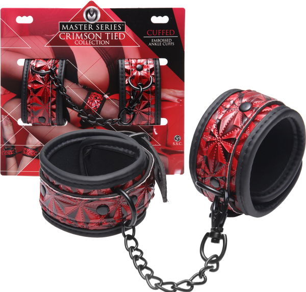 Master Series Crimson Tied Embossed Bondage Ankle Cuffs - - Cuffs And Restraints