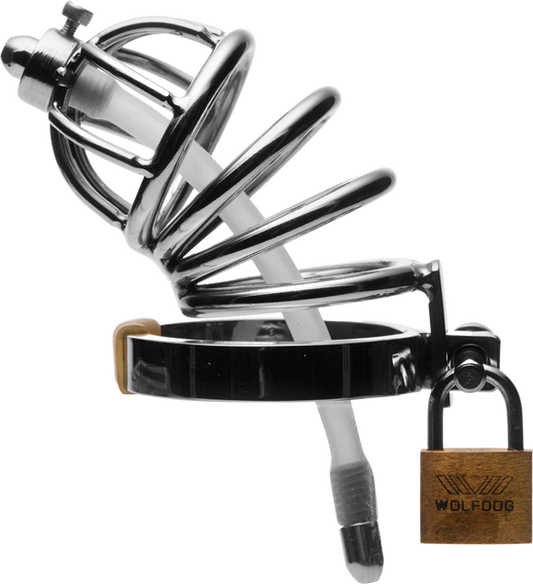 Master Series Stainless Steel Chastity Cage With Silicone Urethral Plug - - Male Chastity