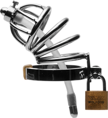 Master Series Stainless Steel Chastity Cage With Silicone Urethral Plug - - Male Chastity