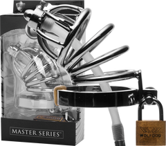 Master Series Stainless Steel Chastity Cage With Silicone Urethral Plug - - Male Chastity