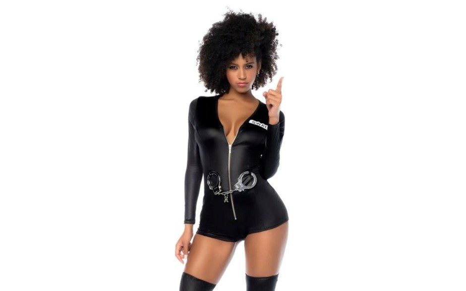 Mapale 2 Piece Sultry Swat Officer Halloween Costume Wet Look Mini Jumpsuit - - Fancy Dress Ups