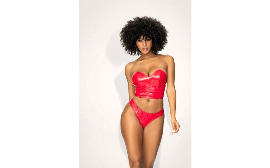 Mapale 2 in 1 Vinyl Bustier and Thong Set Red with Removable Sheer Skirt - - Bustiers and Corsets