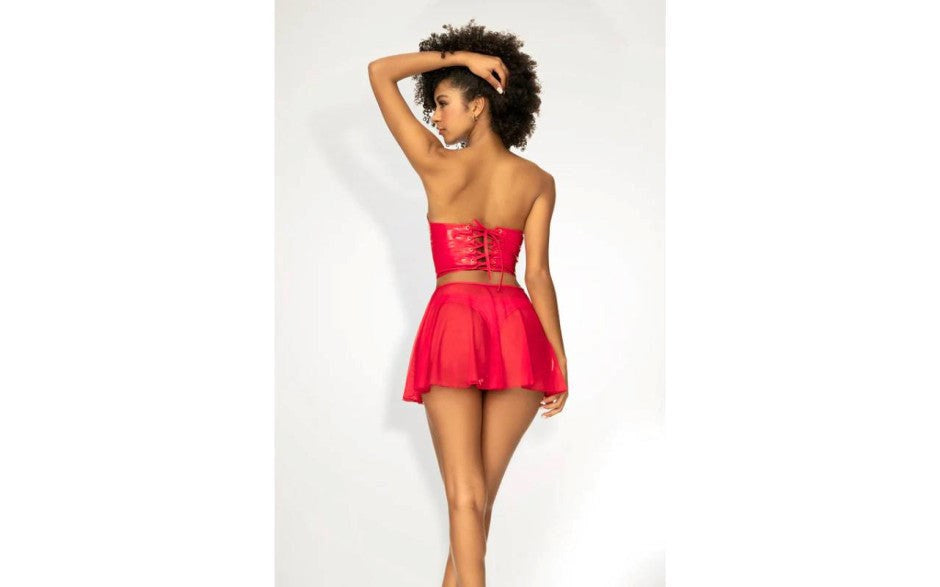 Mapale 2 in 1 Vinyl Bustier and Thong Set Red with Removable Sheer Skirt - - Bustiers and Corsets