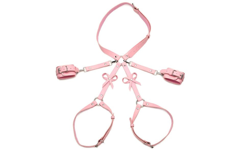 XR Brands Strict PU Faux Leather Bondage Harness with Bows M/L Adjustable - - Cuffs And Restraints