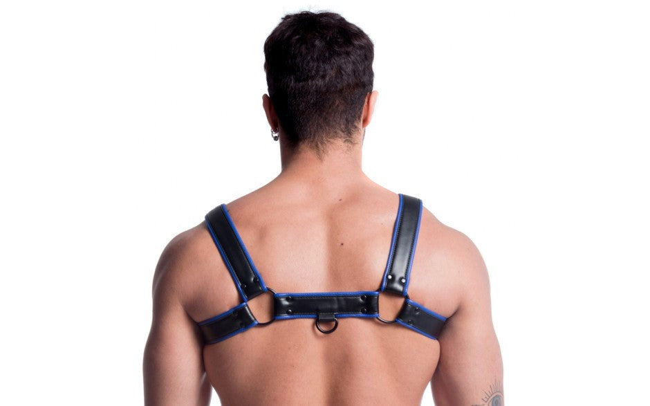 Sport Fucker Vegan Bulldog Bondage Harness Black and Blue with Dual D Rings - - Cuffs And Restraints