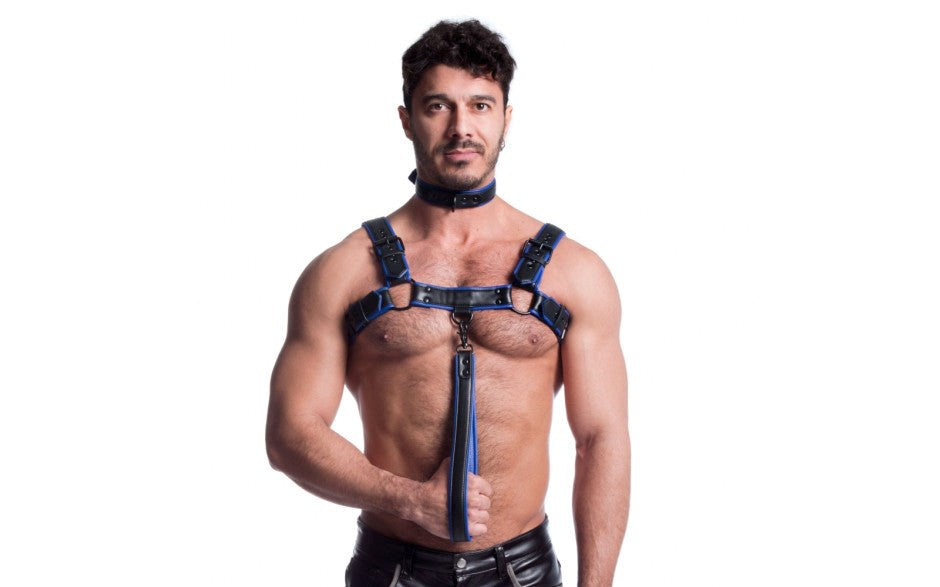 Sport Fucker Vegan Bulldog Bondage Harness Black and Blue with Dual D Rings - - Cuffs And Restraints