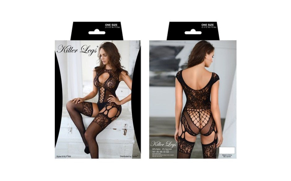 Yelete Killer Legs Boudoir Lace 3 Piece Bodysuit with Garter Belt Black - - Teddies and Bodysuits