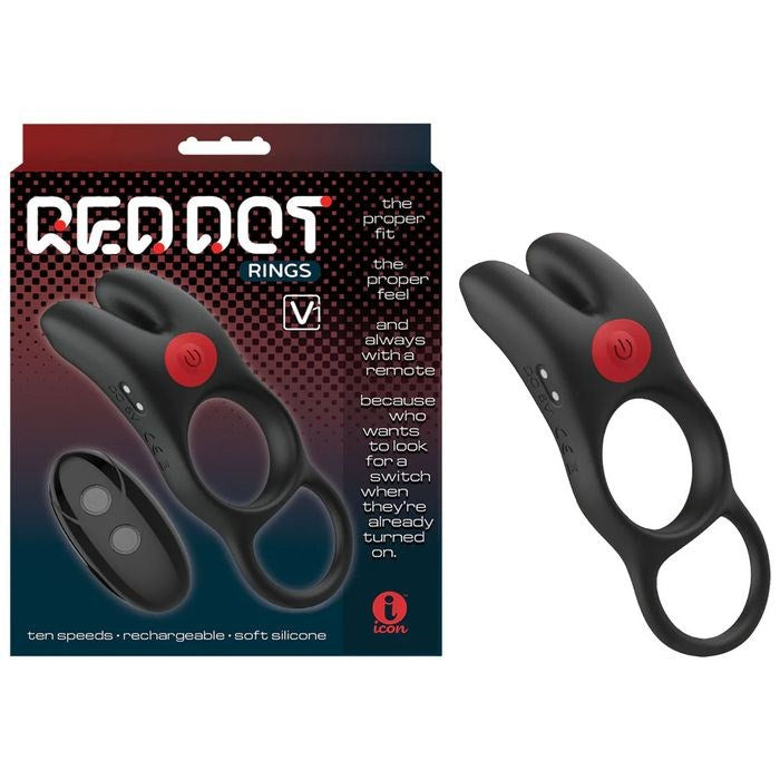 Icon Brands Red Dot V1 Vibrating Cock Ring with Remote Black Dual Loop - - Vibrating Cock Rings