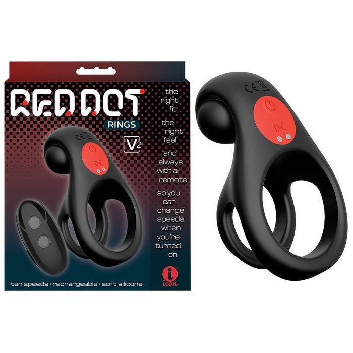 Icon Brands Red Dot V2 Vibrating Cock and Ball Ring Black Dual Loop Design - - Vibrating Cock Rings