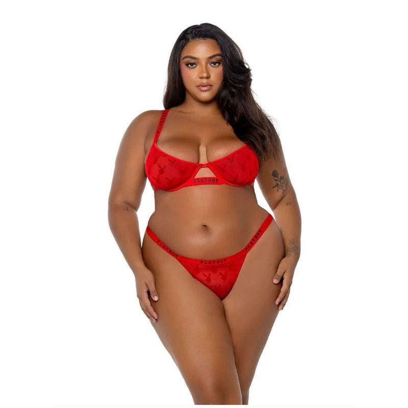 Playboy Rouge Bunny 2 Piece Bra and Panty Set Red Flock Underwire Support - - Bras and Bra Sets