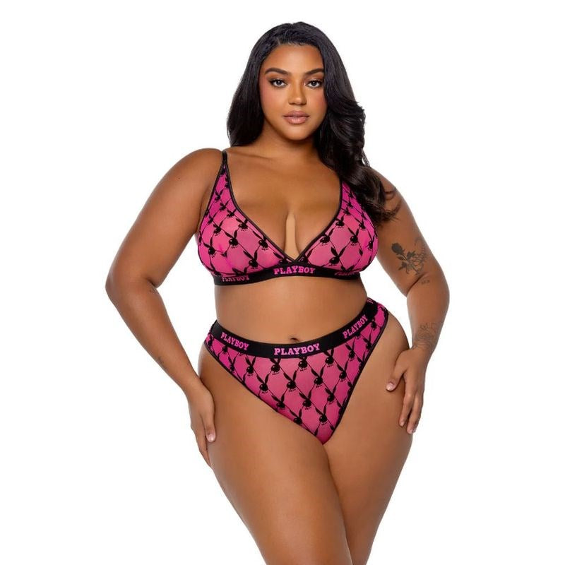 Playboy Lingerie Playboy Flocked Bunny 2 Piece Sexy Lingerie Set Pink Triangle Bra - - Bras and Bra Sets