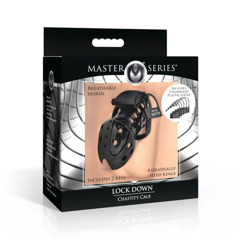 XR Brands Master Series Lock Down Male Chastity Cage with Dual Lock System - - Male Chastity