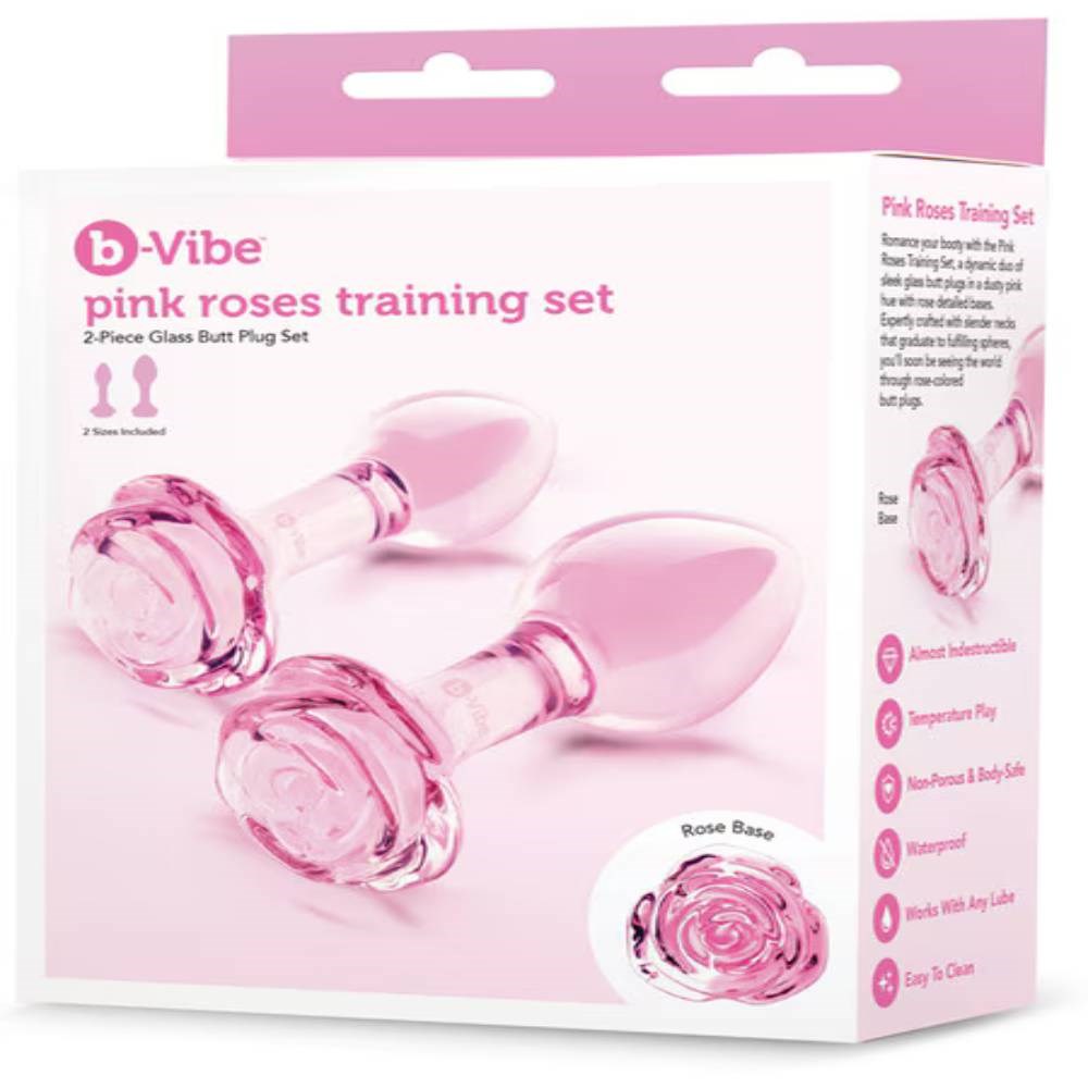B Vibe Pink Roses Glass Anal Plug Training Set Premium Borosilicate Glass - - Butt Plugs