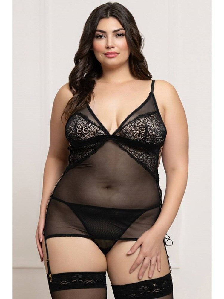 Seven til Midnight 2 Piece Lace and Mesh Chemise Set Black Seductive - - BabyDolls And Chemises