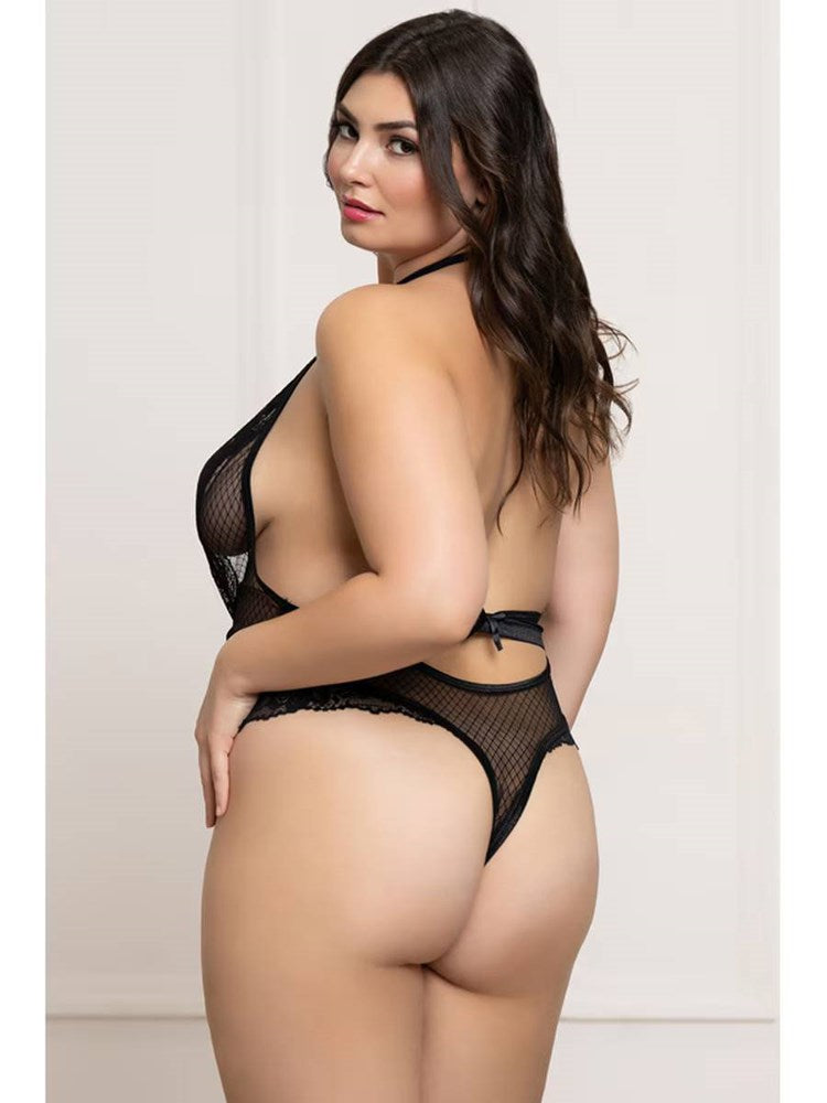 Seven til Midnight Fence Mesh and Lace Teddy Black with Strappy Details - - Teddies and Bodysuits