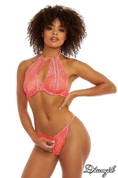 Dream Girl Lingerie Womens 2 Piece Bra and Panty Set Coral Lace with Zippers - - Bras and Bra Sets