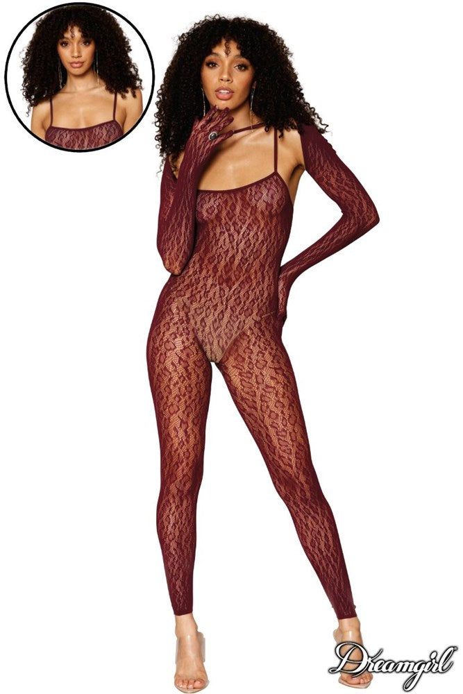 Dream Girl Lingerie Womens Catsuit Bodystocking & Shrug Burgundy - - Body Stockings