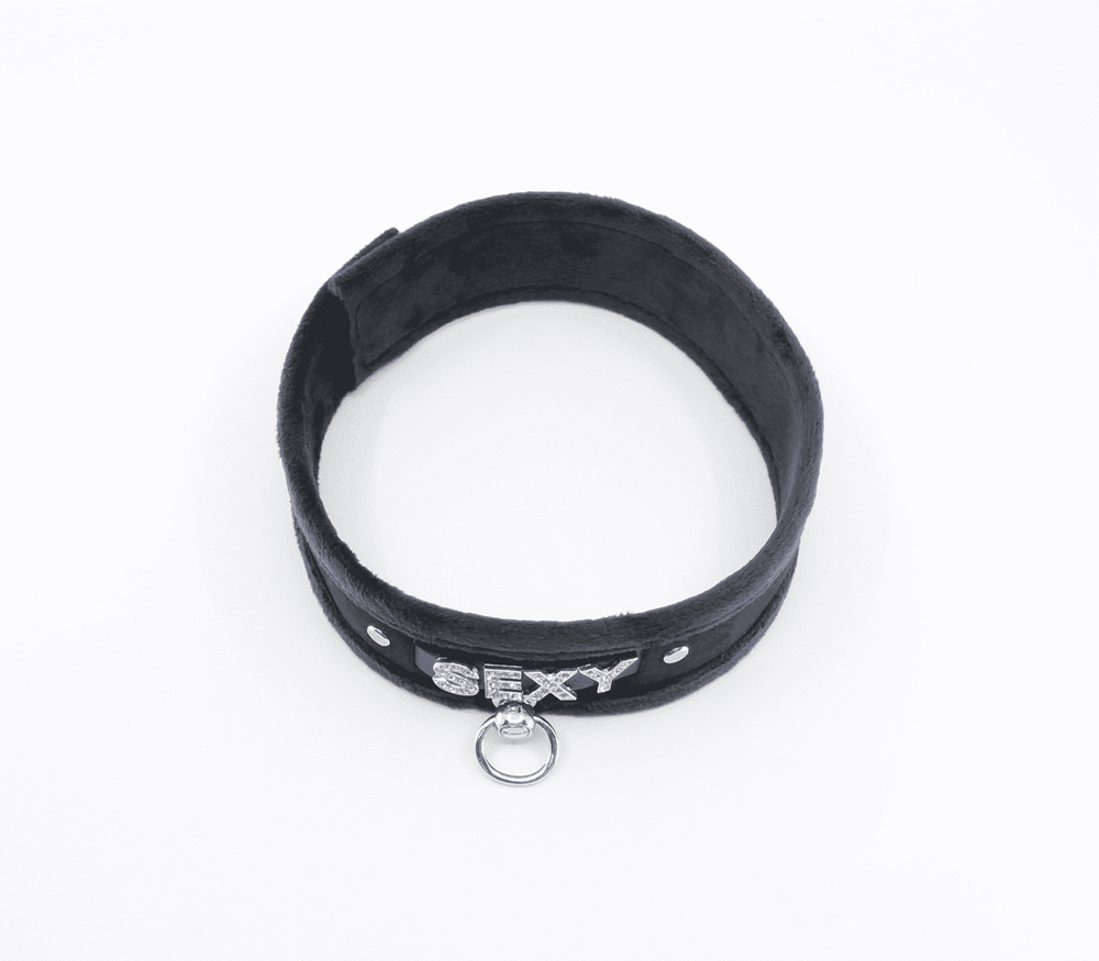 Love In Leather Diamante Sexy Fluffy Bondage Collar with Sparkling Design - - Collars and Leads