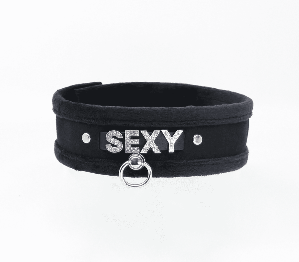 Love In Leather Diamante Sexy Fluffy Bondage Collar with Sparkling Design - - Collars and Leads