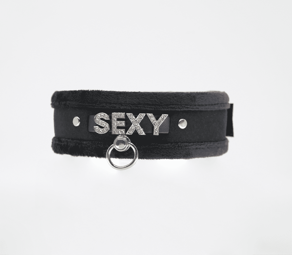 Love In Leather Diamante Sexy Fluffy Bondage Collar with Sparkling Design - Black - Collars and Leads