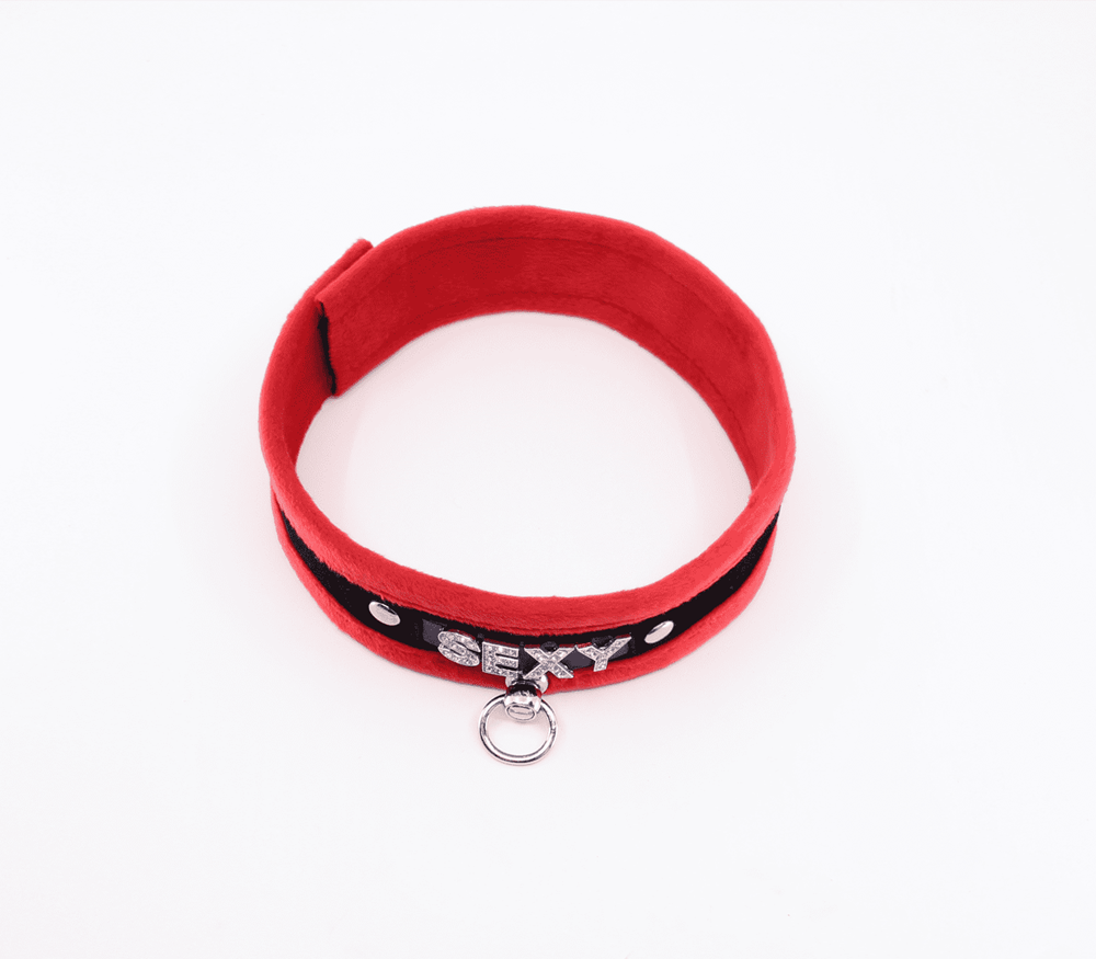 Love In Leather Diamante Sexy Fluffy Bondage Collar with Sparkling Design - Red - Collars and Leads