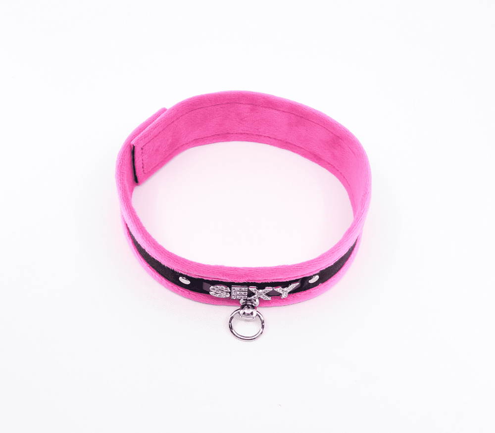 Love In Leather Diamante Sexy Fluffy Bondage Collar with Sparkling Design - Pink - Collars and Leads