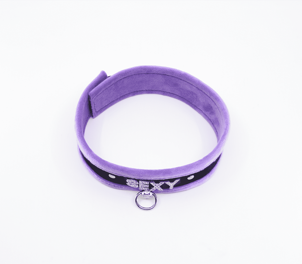 Love In Leather Diamante Sexy Fluffy Bondage Collar with Sparkling Design - Purple - Collars and Leads