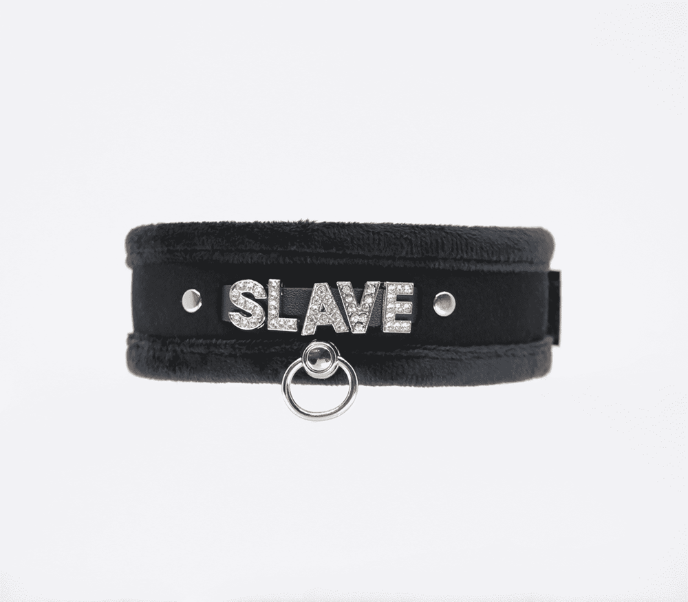 Love In Leather Diamante Slave Fluffy Fetish Collar with Diamante Lettering - Black - Collars and Leads