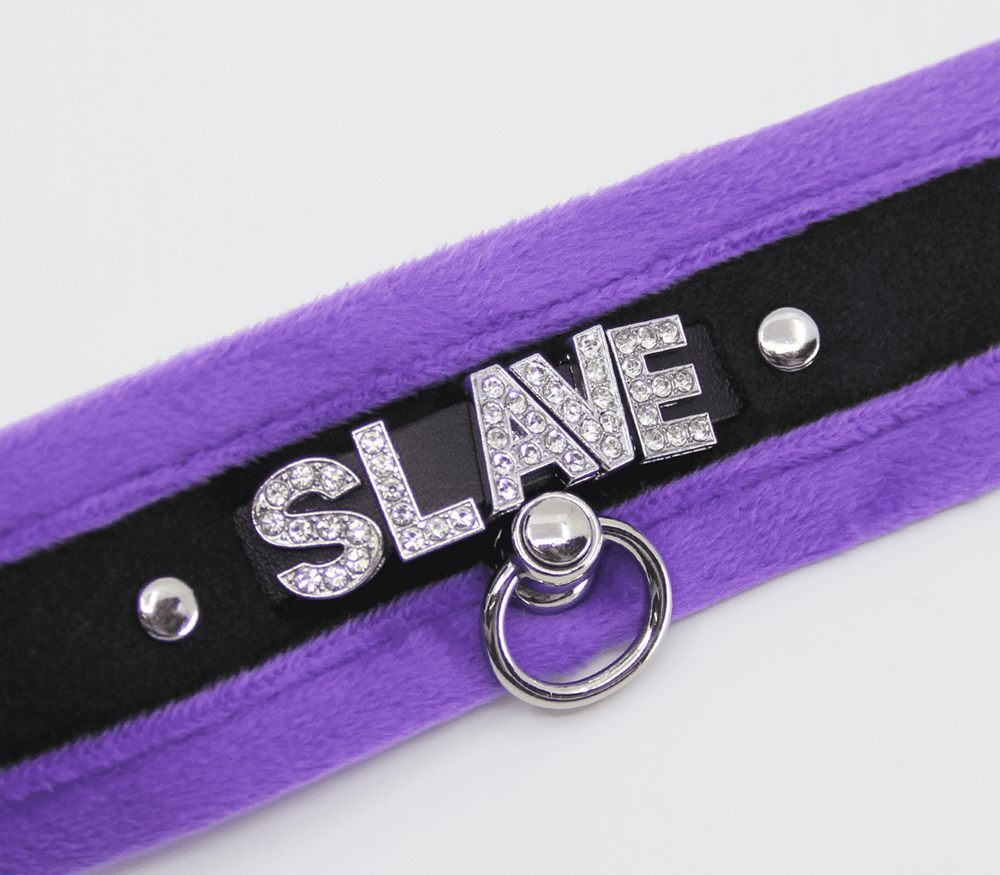 Love In Leather Diamante Slave Fluffy Fetish Collar with Diamante Lettering - Purple - Collars and Leads