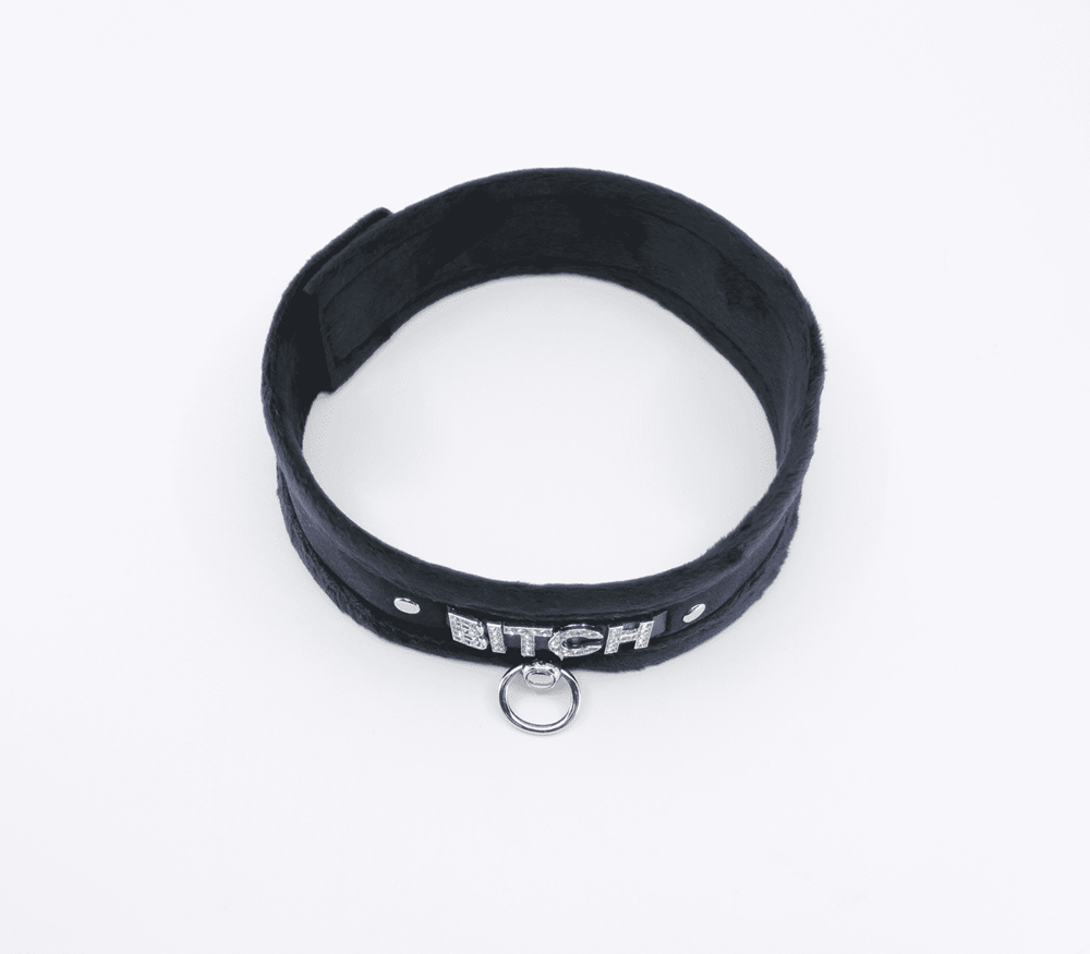 Love In Leather Diamante Bitch Fluffy Bondage Collar - - Collars and Leads