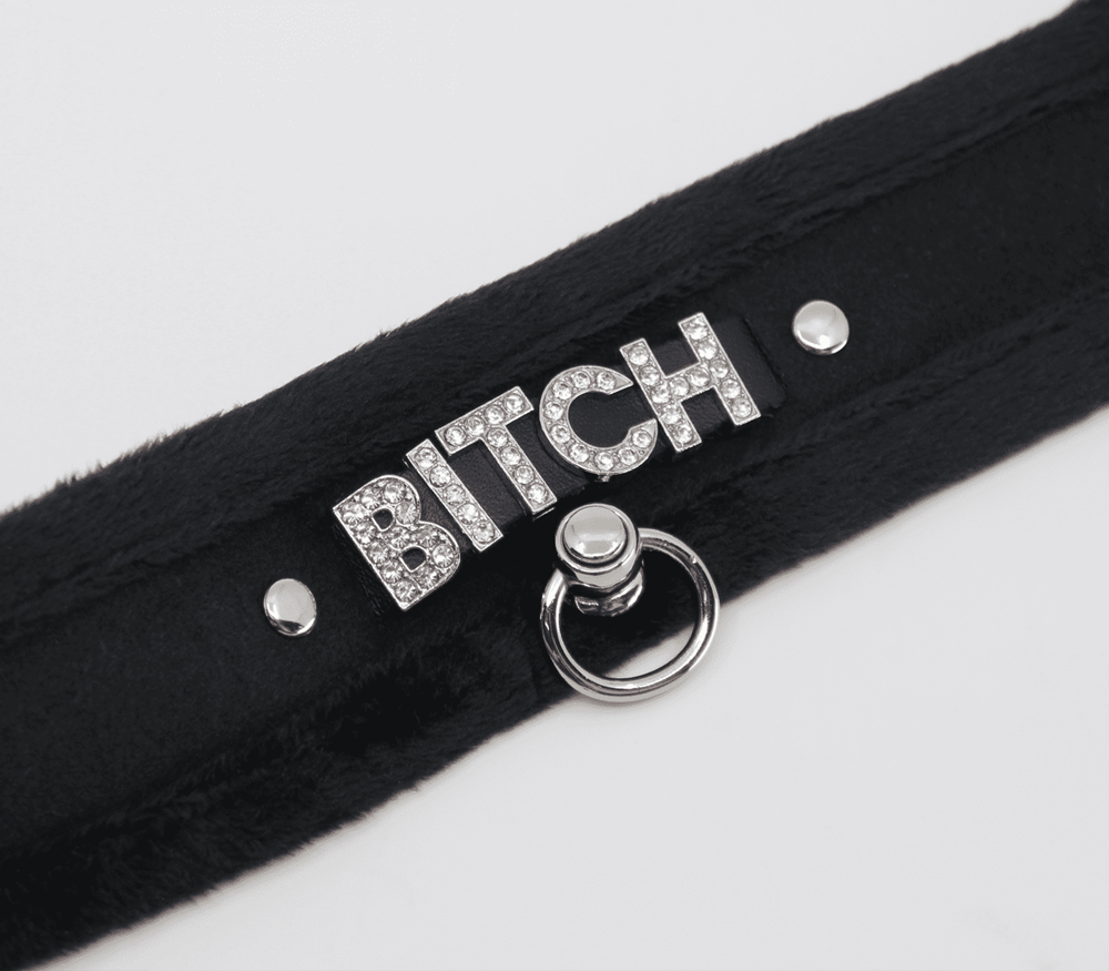 Love In Leather Diamante Bitch Fluffy Bondage Collar - - Collars and Leads
