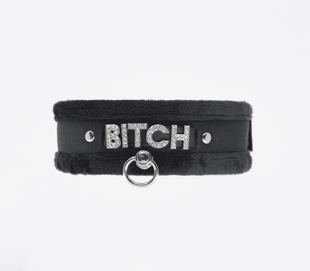 Love In Leather Diamante Bitch Fluffy Bondage Collar - Black - Collars and Leads