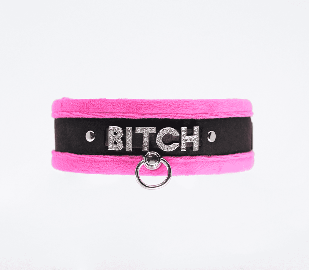 Love In Leather Diamante Bitch Fluffy Bondage Collar - Pink - Collars and Leads