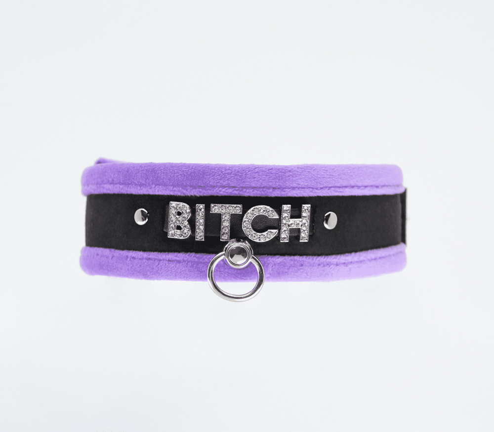 Love In Leather Diamante Bitch Fluffy Bondage Collar - Purple - Collars and Leads