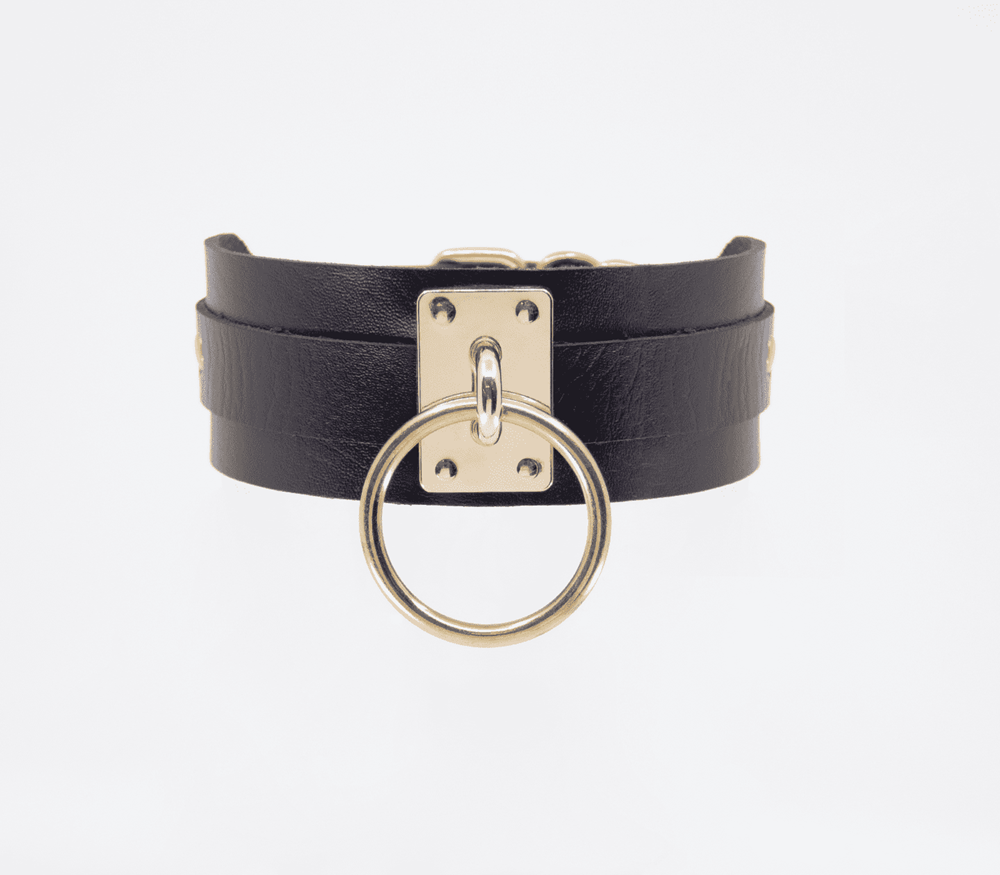 Love In Leather O-Ring Faux Leather BDSM Collar - Gold - Collars and Leads