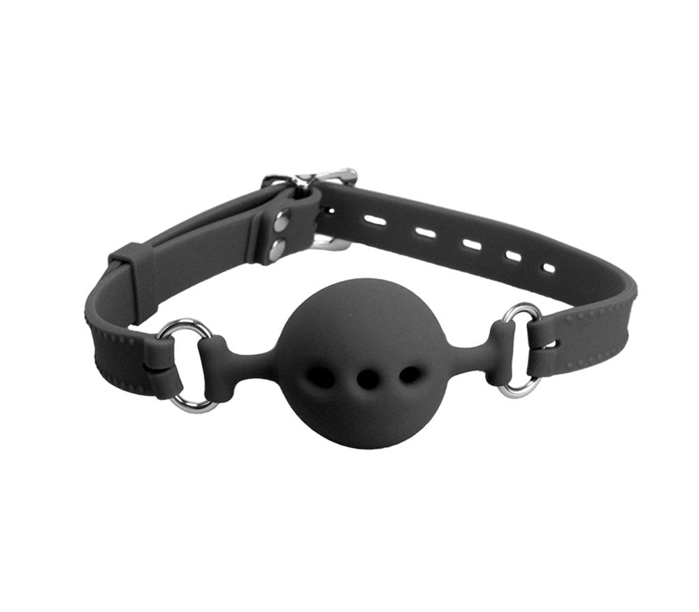 Love In Leather Silicone Gag with Breathable Ball - Black - Bondage Gags and Bits