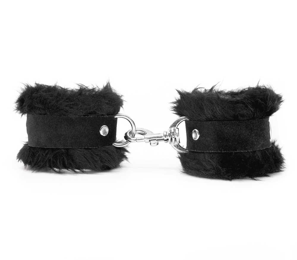 Love In Leather Fluffy Cuffs with Suede Leather Strap - - Cuffs And Restraints
