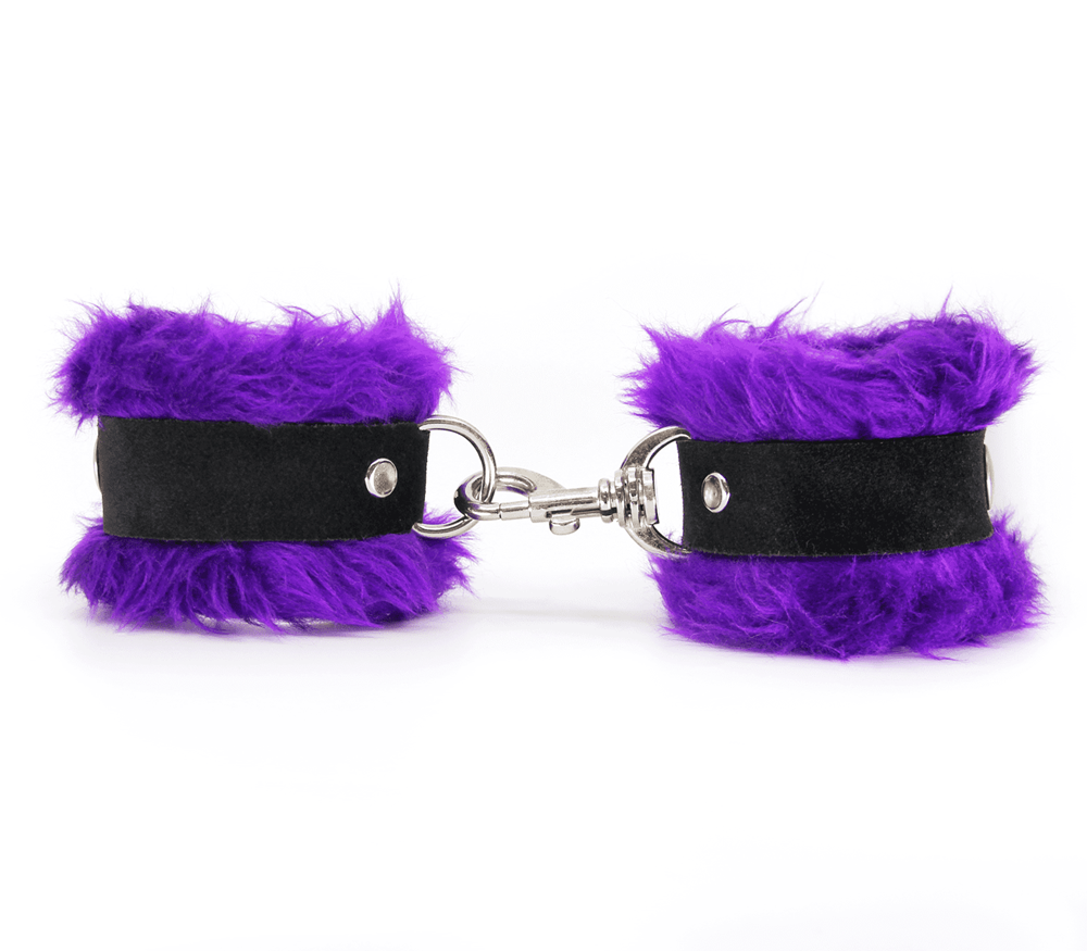 Love In Leather Fluffy Cuffs with Suede Leather Strap - Purple - Cuffs And Restraints