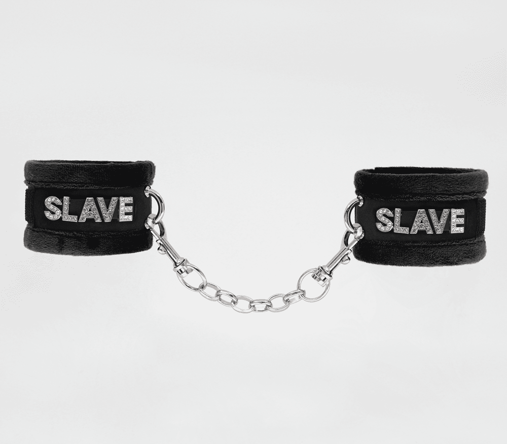 Love In Leather Fluffy Diamante SLAVE Hand Cuffs - Black - Cuffs And Restraints