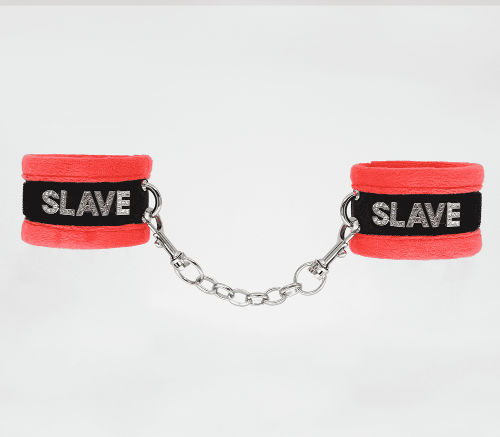 Love In Leather Fluffy Diamante SLAVE Hand Cuffs - Red - Cuffs And Restraints