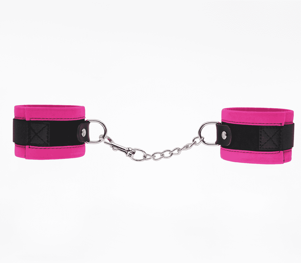Love In Leather Lightly Padded Velveteen Hand Cuffs - Pink - Cuffs And Restraints